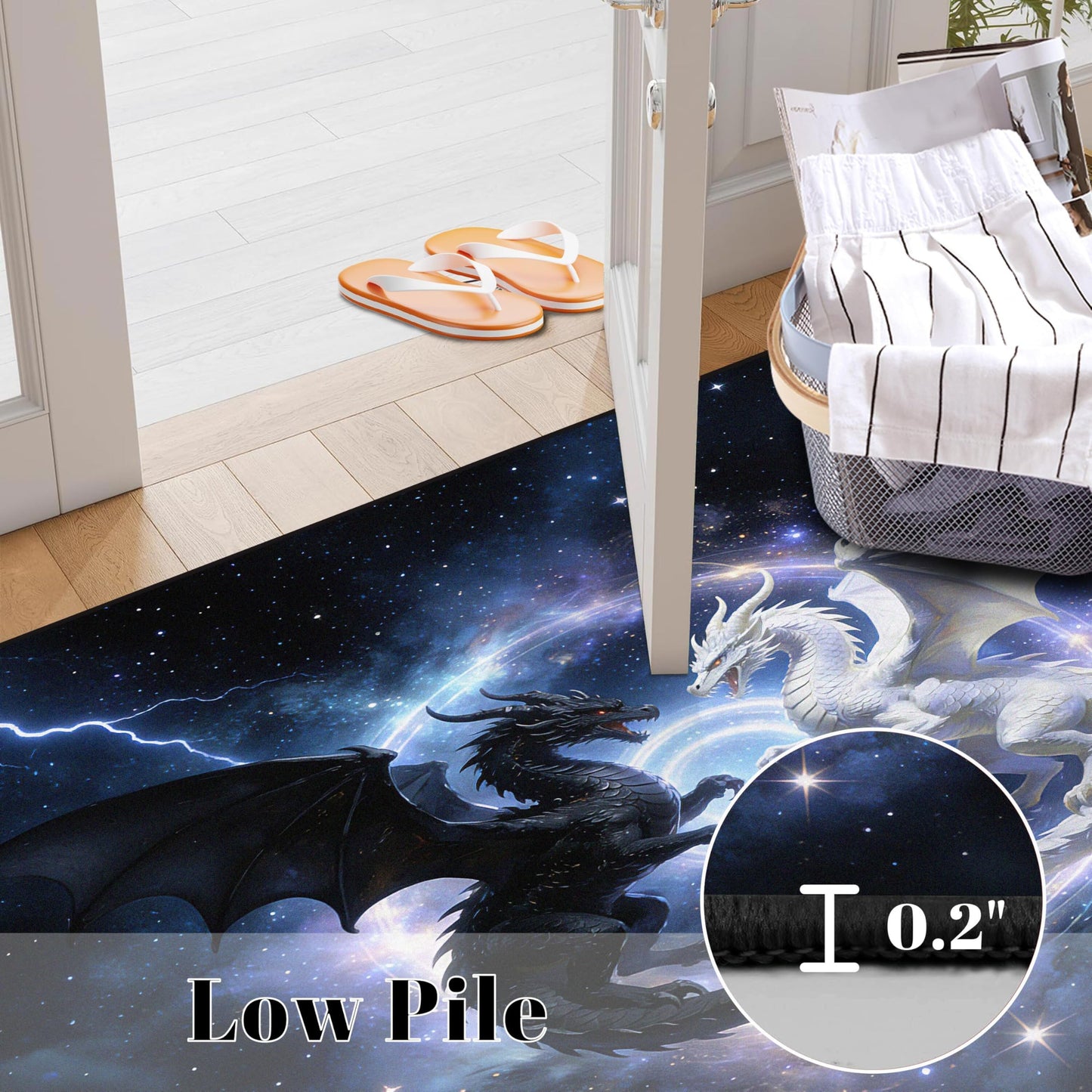 VTKON 2x3 Black and White Dragon Area Rug Washable for Living Room, Indoor Non Slip Fantasy Starry Sky Dragon Print Carpet for Kids Boys Bedroom, Animal Theme Floor Mat Room Decor