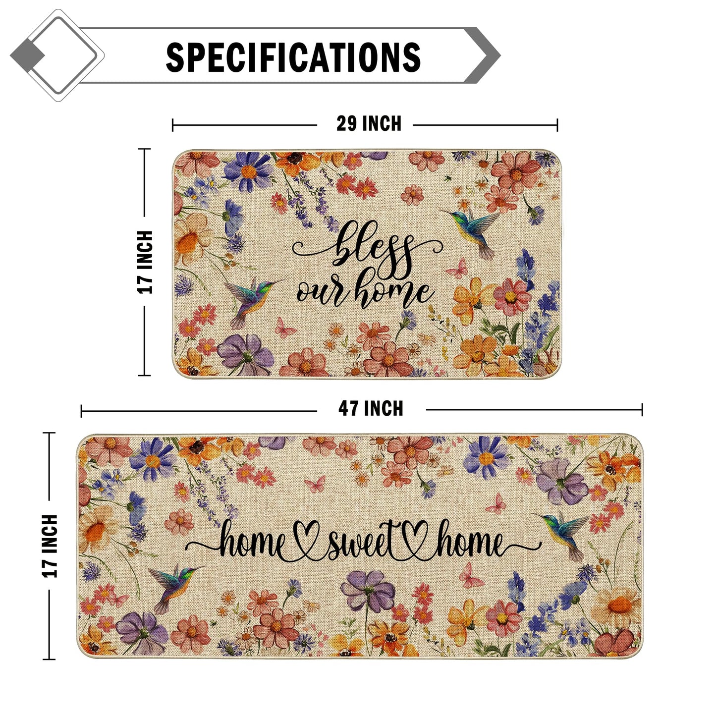 Wylumen Flower Spring Kitchen Mats for Floor Set of 2, Wildflower Summer Floor Mats, Non Slip Rubber Backing Kitchen Floor Mat and Rug Set for Kitchen Sink, Office, Laundry