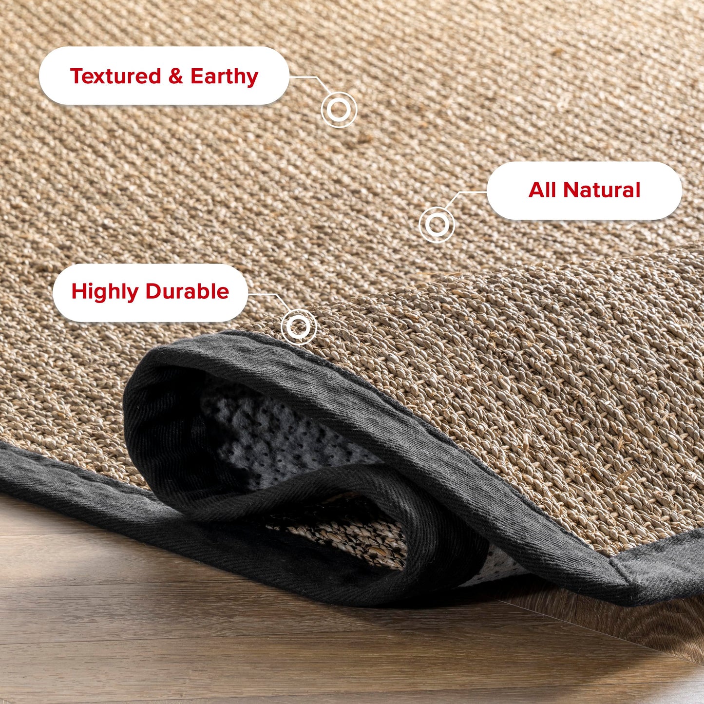 Nuloom Elijah Black/Natural, 2' x 3', Basketweave, Seagrass, Soft and Textured, High Traffic, Stain Resistant, Easy Clean, Durable Area Rug for Bedroom, Living Room, Dining, Den, Foyer, Entryway