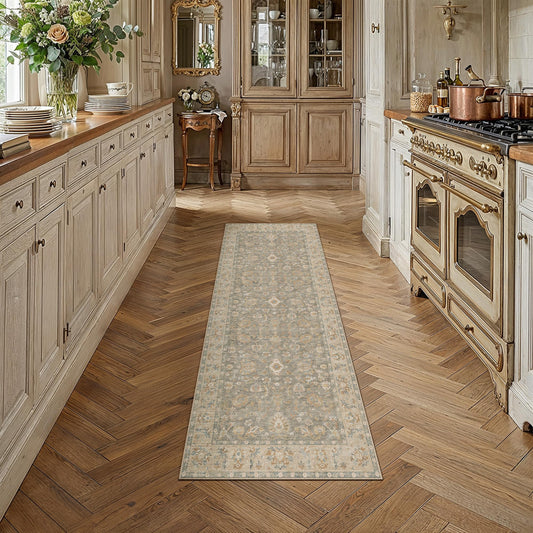 HUGEAR 2x6 Washable Vintage Runner Rug Brown Neutral Distressed Low Pile Non Slip Soft Long Area Carpet Indoor Hallway Throw Rug for Entrance Kitchen Bathroom Laundry Living Room