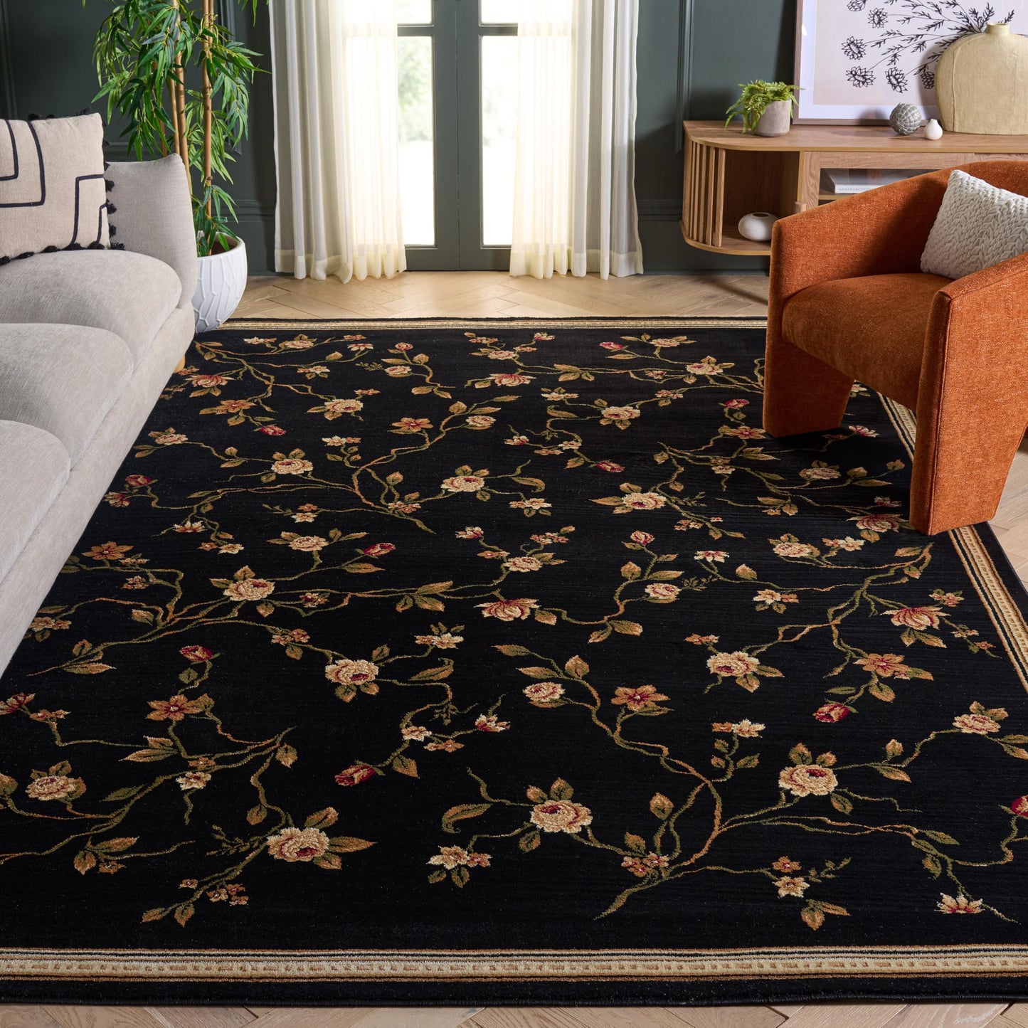 SAFAVIEH Lyndhurst Collection Area Rug - 8' x 11', Black, Traditional Floral Design, Non-Shedding & Easy Care, Ideal for High Traffic Areas in Living Room, Bedroom (LNH220A)