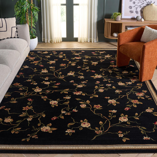 SAFAVIEH Lyndhurst Collection Area Rug - 8' x 11', Black, Traditional Floral Design, Non-Shedding & Easy Care, Ideal for High Traffic Areas in Living Room, Bedroom (LNH220A)