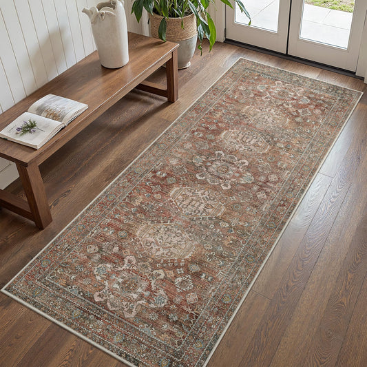 Bavni 2x5 Rug Runner, Washable Runner Rug Non Slip, Vintage Ultra Thin Low Pile Hallway Runner Rug for Kitchen Entryway Bedroom, Brick