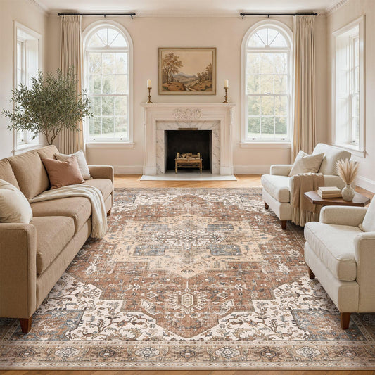 Washable Rug 10x14 Area Rugs: Boho Vintage Distressed Oriental Medallion Neutral Thin Large Rug Carpet for Living Room Bedroom Dining Room Home Office Decor - Brick Red