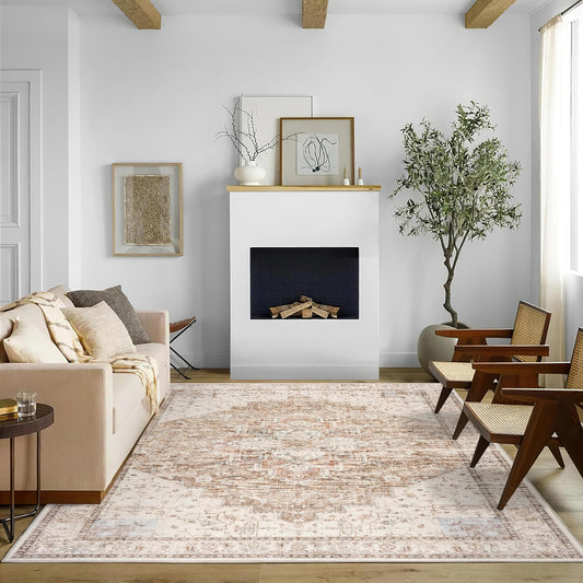 BILEEHOME Boho Neutral Living Room Rug 5x7,Washable Vintage Rustic Earth Tone Modern Farmhouse Persian Area Rugs for Dining Room Bedroom, Light Tan Brown Beige with Rust Terracotta Pattern