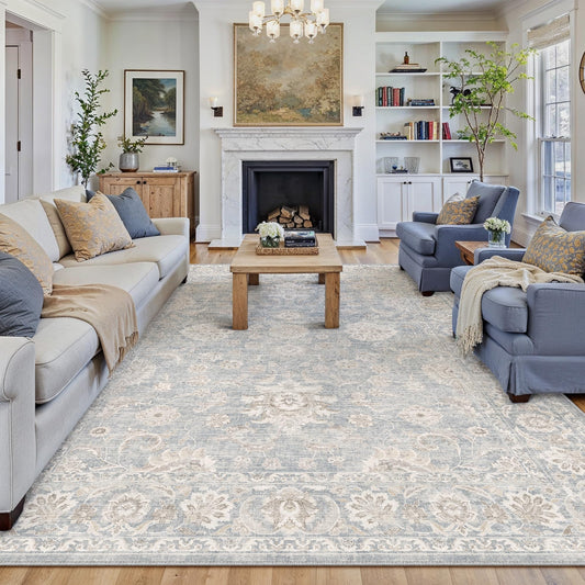 WondRg 9x12 Blue Cream Area Rug for Living Room Bedroom Neutral Floral Soft Non Slip Rug Low Pile Distressed Large Carpet for Dining Room Nursery Office Indoor