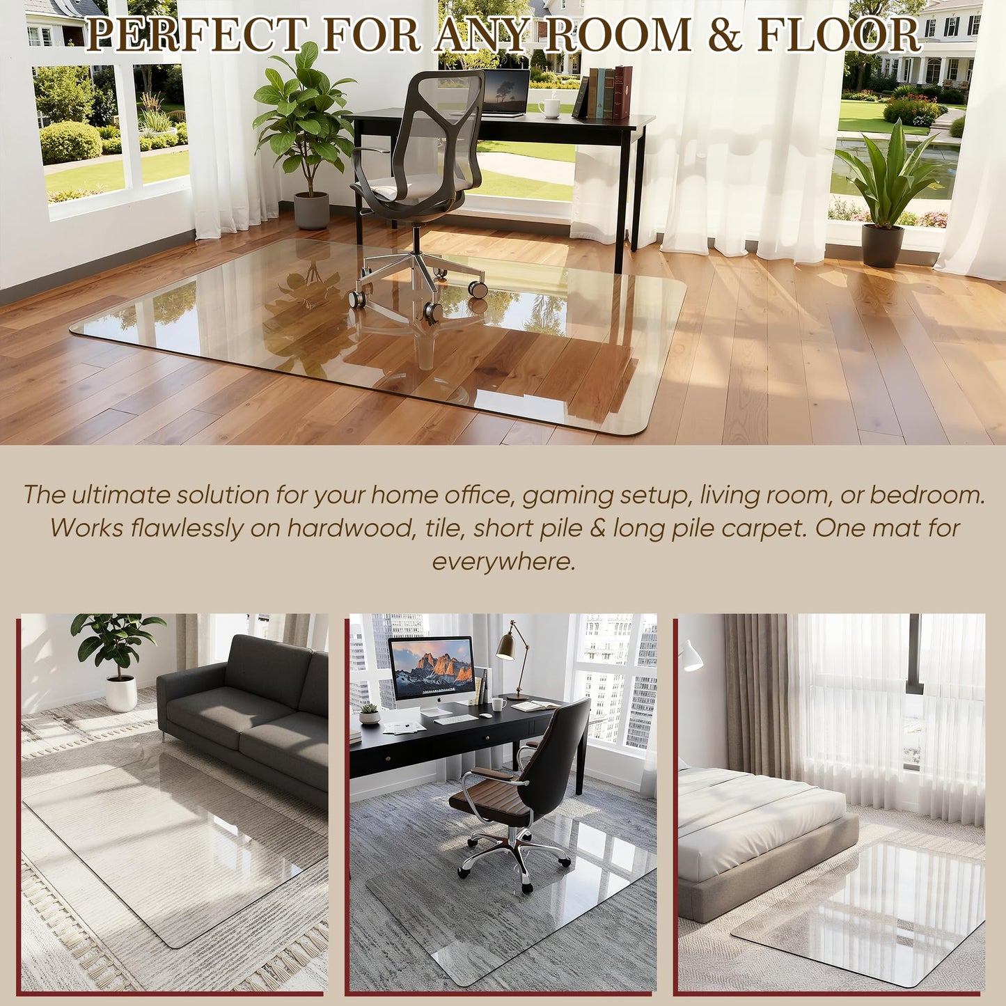 Homsion 30"x55" Tempered Glass Office Chair Mat for Carpet & Hardwood Floor, 1/5" Thick Clear Floor Protector Desk Chair Mat with Rounded and Polished Edges