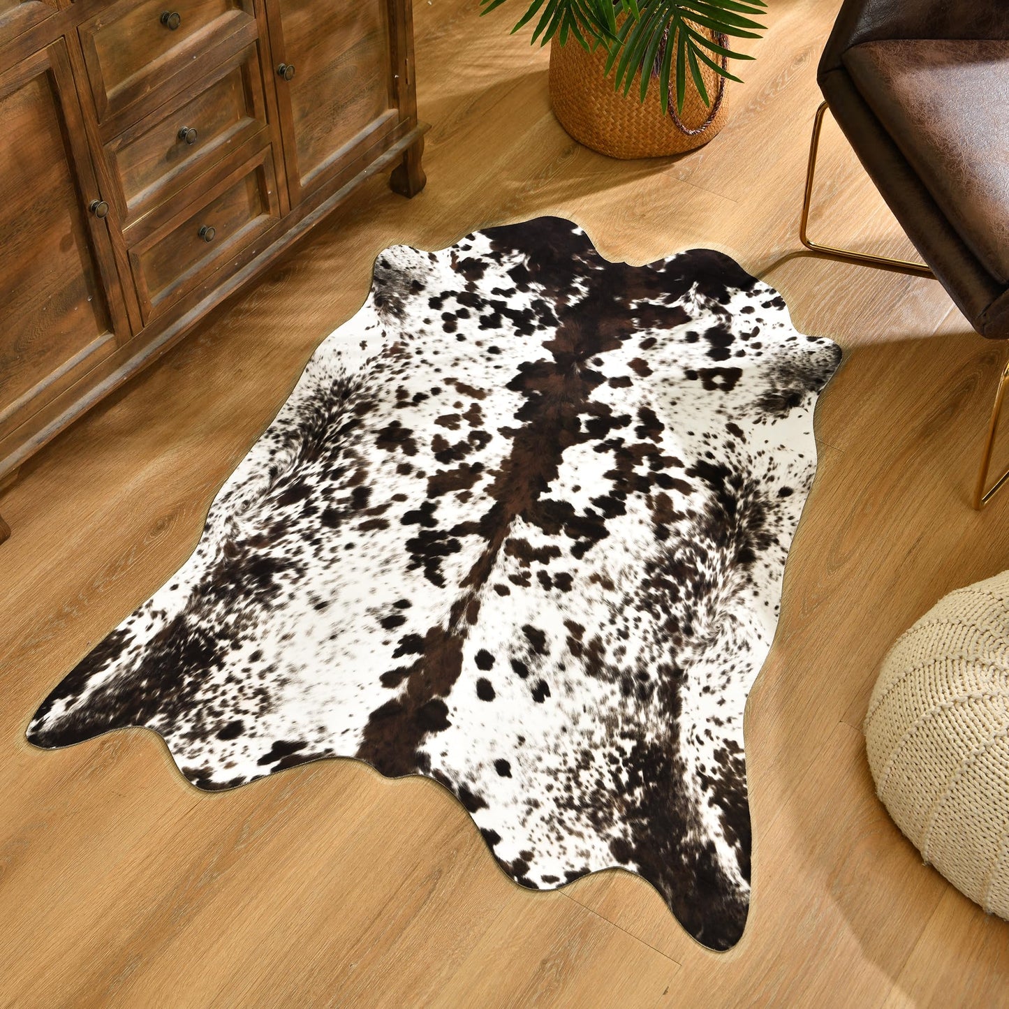 SUNYIWEI Faux Cowhide Rug, 4.6 x 5.2 ft Cowhide Rug for Living Room, Bedroom, Wall - Non-Slip,Brown White