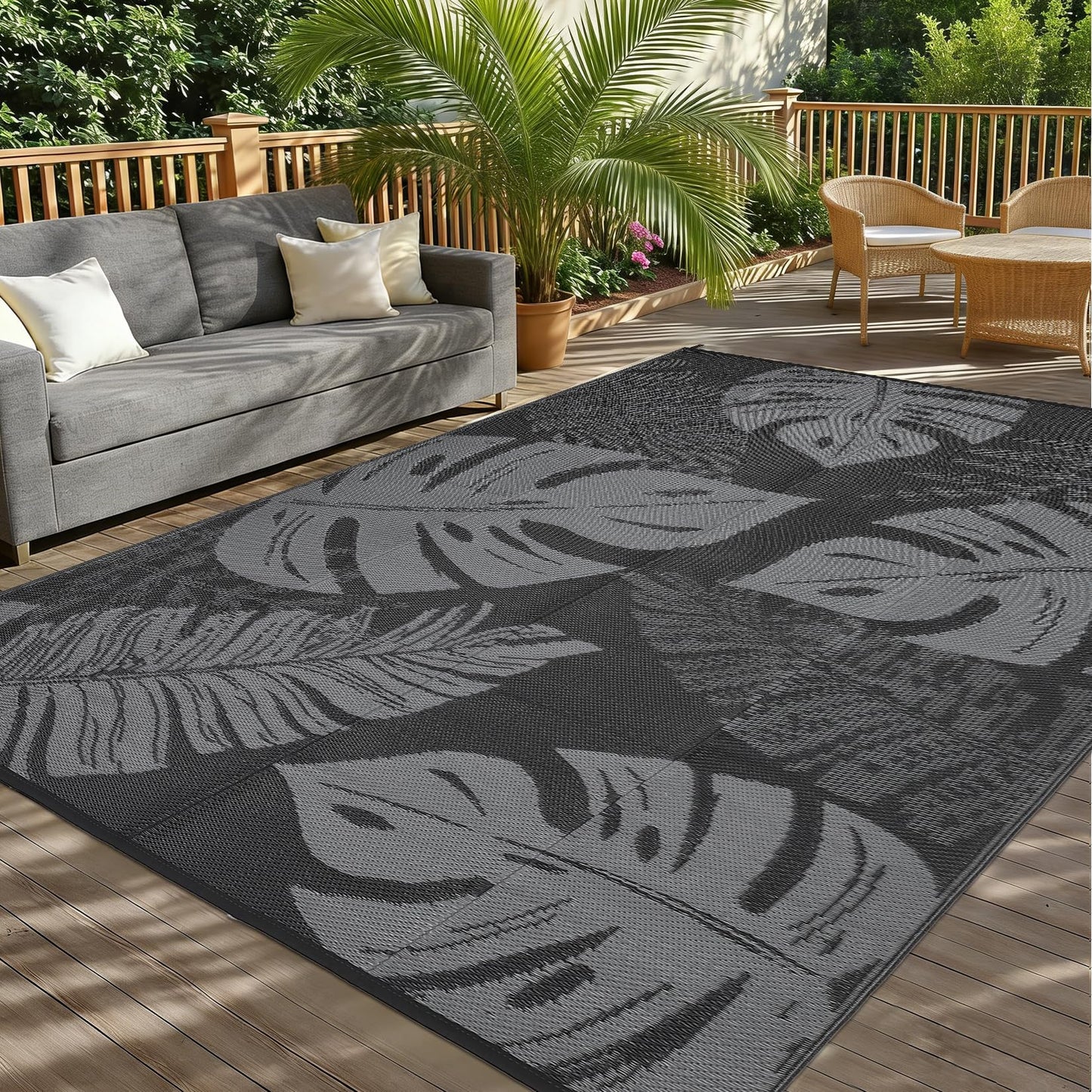 MilleLoom Outdoor Rug 8x10 Waterproof Patio Rugs Modern Leaf Print Reversible Mat for Front Door Rv Foldable Plastic Straw Carpet for Travel Trailers, Deck, Porch, Camper, Balcony, Beach，Black/Grey