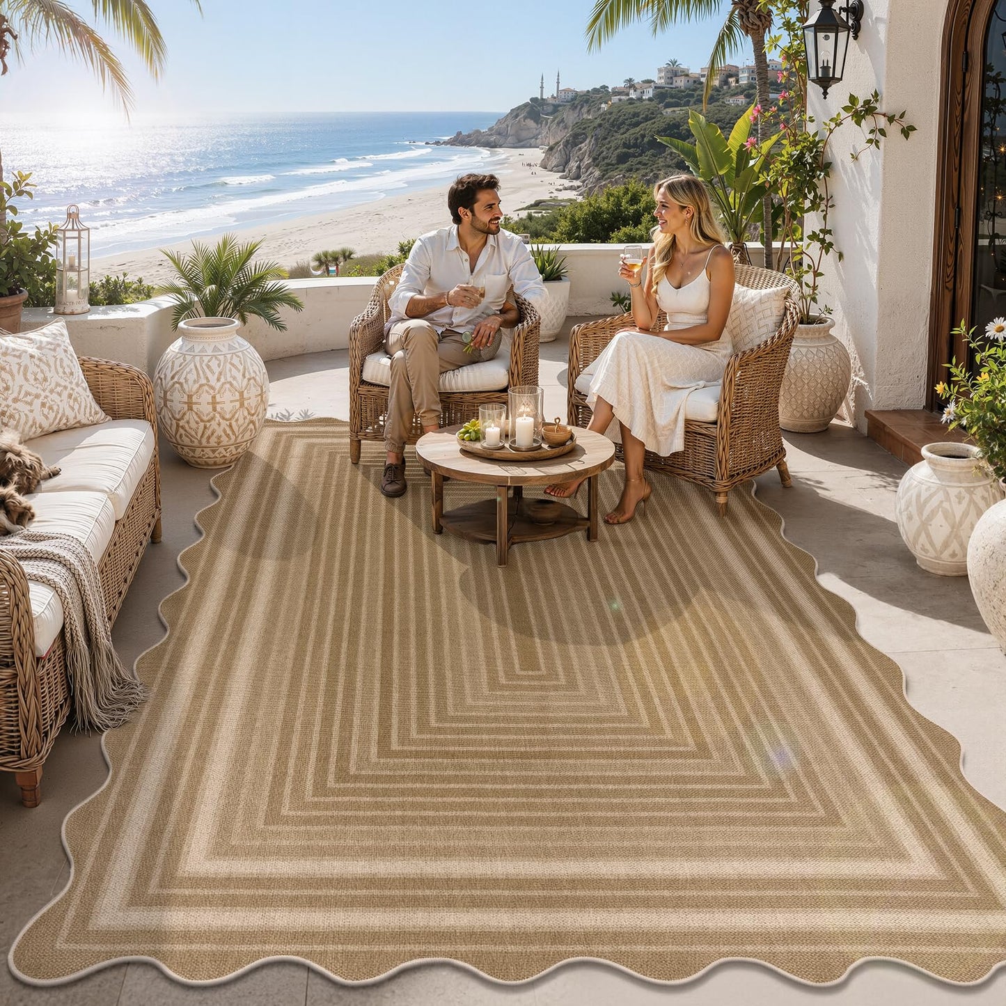 Yamaziot Washable Indoor Outdoor Rug 5x8, Scalloped Geometry Faux Tan Jute Outdoor Carpet Non Slip Modern Woven Textured Patio Rug for Backyard Balcony Deck, White