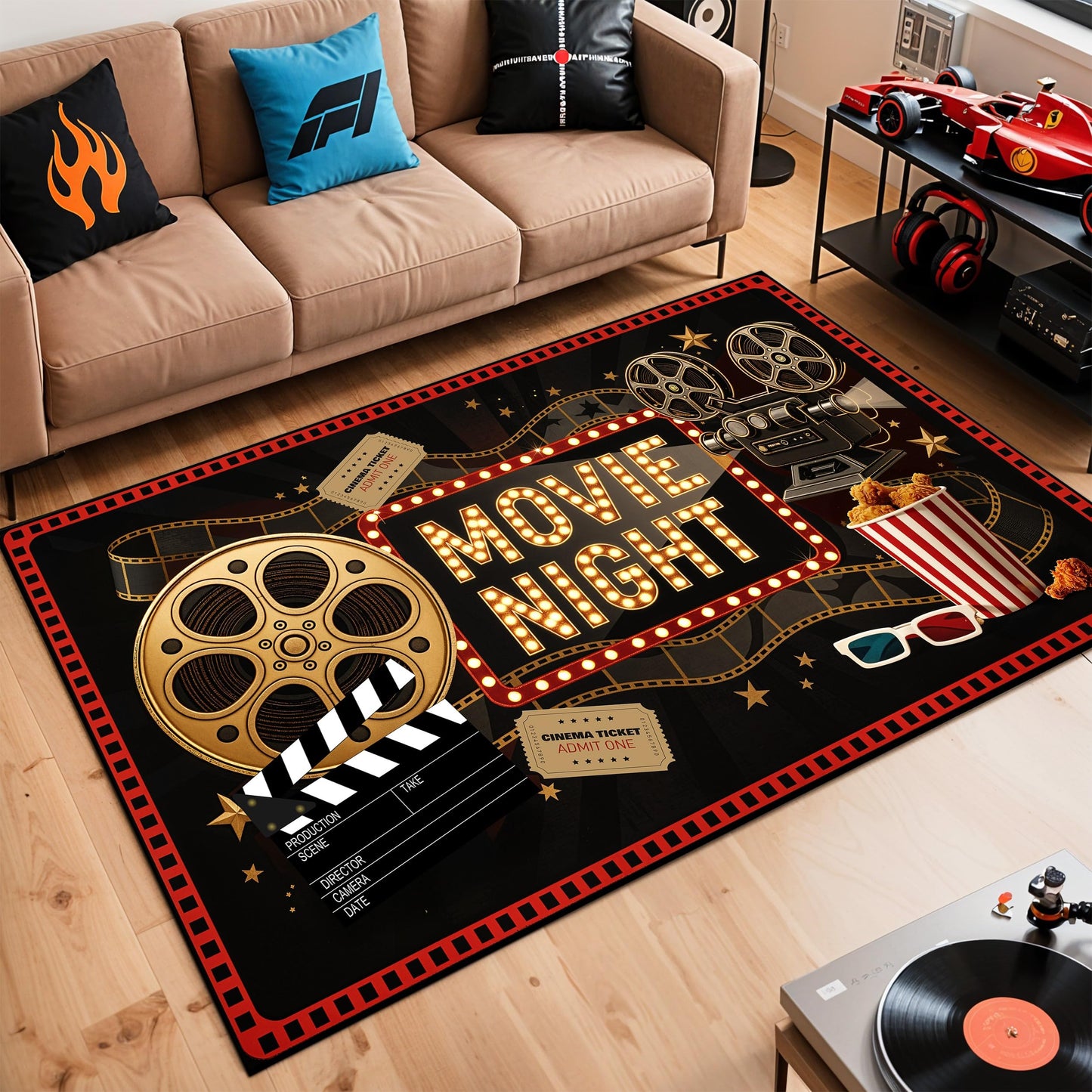 Movie Theater Rug 3x5 ft for Home Theater Room, New Materials, Non-Slip, Stain Resistant, Waterproof, Easy to Clean, Cinema Theme Carpet for Movie Room, Media Room 02