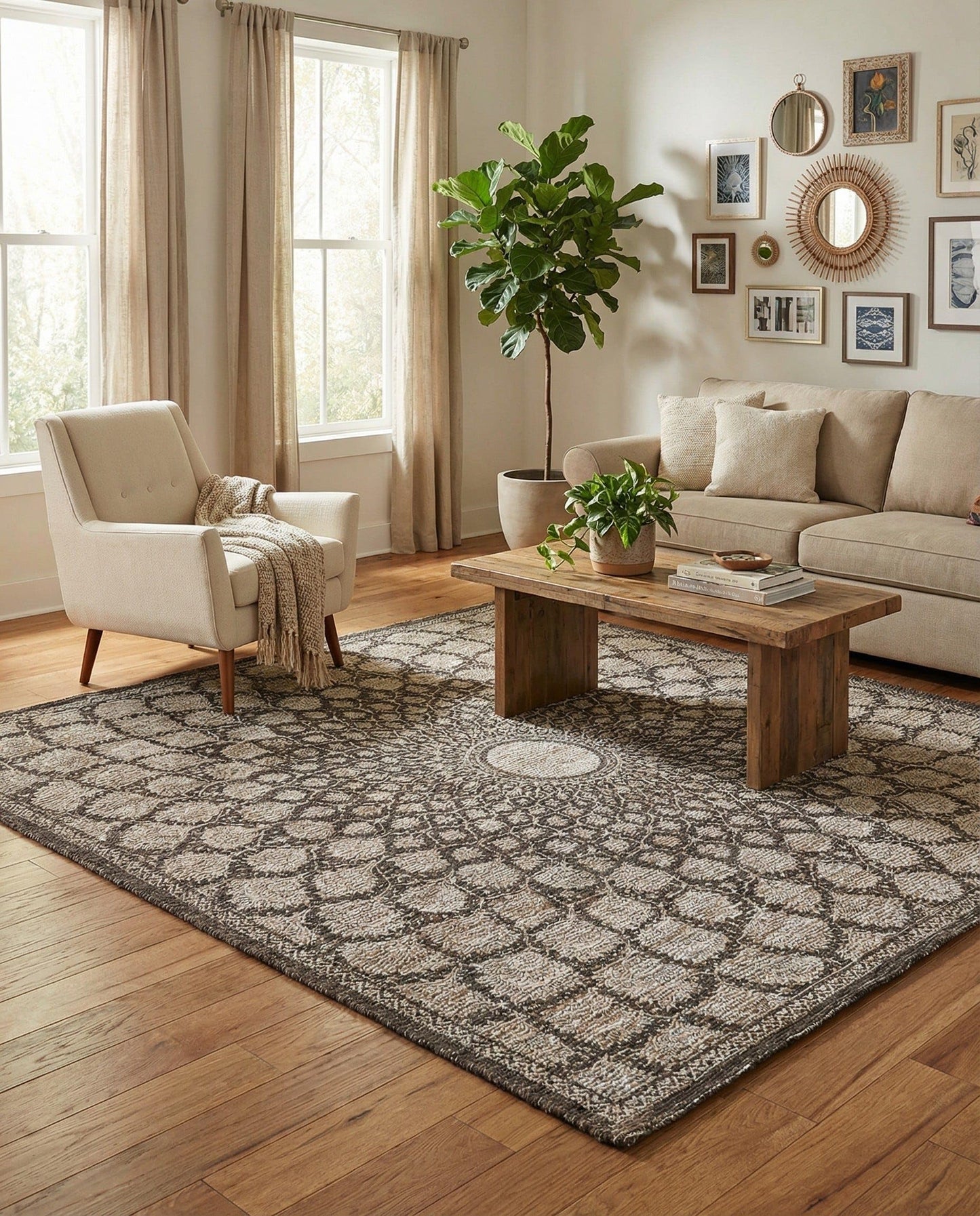 Rugs.com Chenille Jute Collection Rug – 8 Ft Square Charcoal and Ivory Medium-Pile Rug Perfect for Living Rooms, Kitchens, Entryways