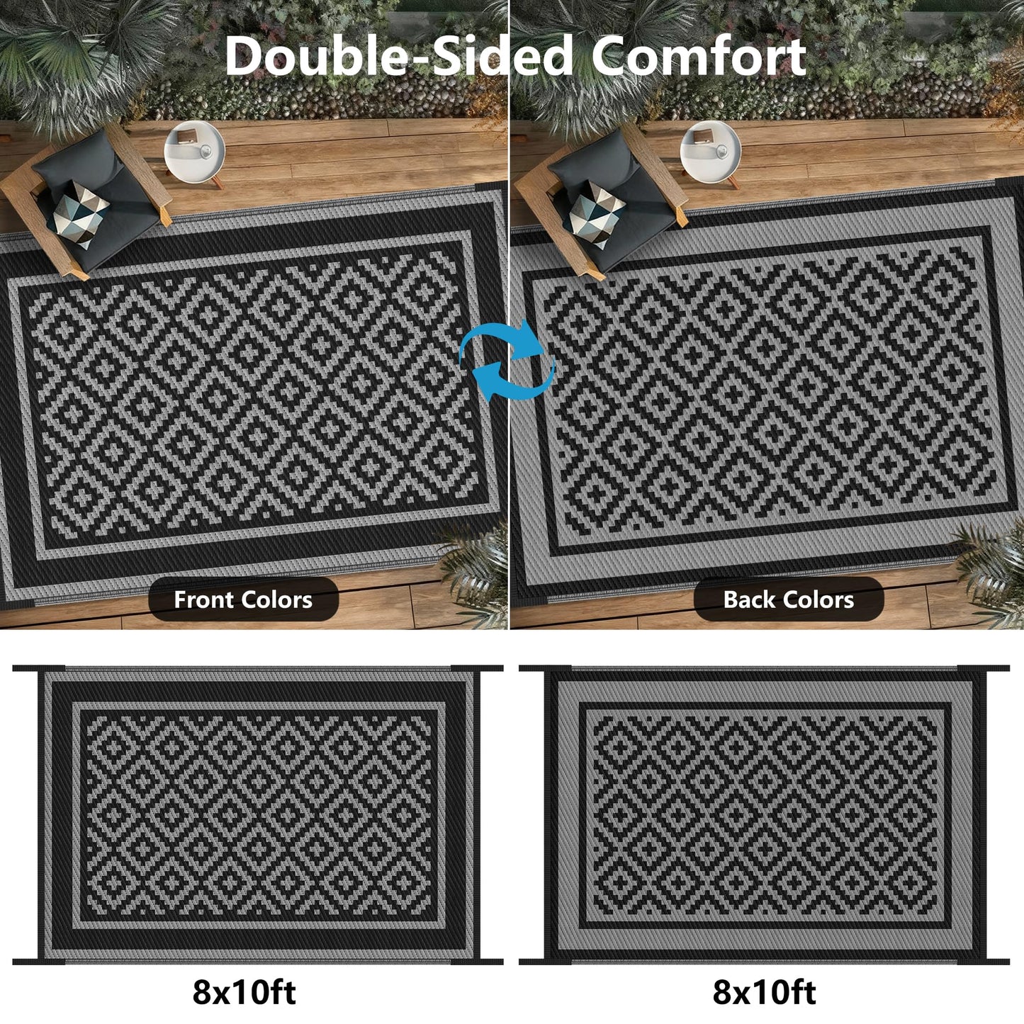 Kohree RV Outdoor Rug 8x10 Reversible, Waterproof Patio Mat with 4 Stakes & UV Fade Resistant, Non-Slip Outdoor Camping Mat for Deck, Picnic, Backyard, Includes Carry Bag (Black & Grey)