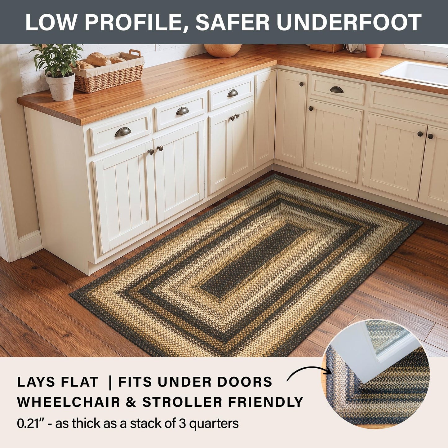 Kilimanjaro Jute Braided Rug 27x45 Black & Tan – Country Primitive Braided Rugs for Entryway, Kitchen & Bedroom – Durable, Reversible & No-Shed Braided Kitchen Rugs