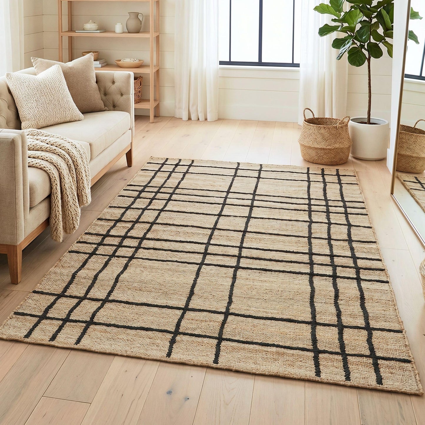 Homespice Nell Jute Plaid Area Rug 4x6' - Cotton Backed Premium Handmade Jute Geometric Area Rug for Bedroom and Office, Lays Flat, Won't Fray or Shed, Rich Natural Brown & Black Windowpane