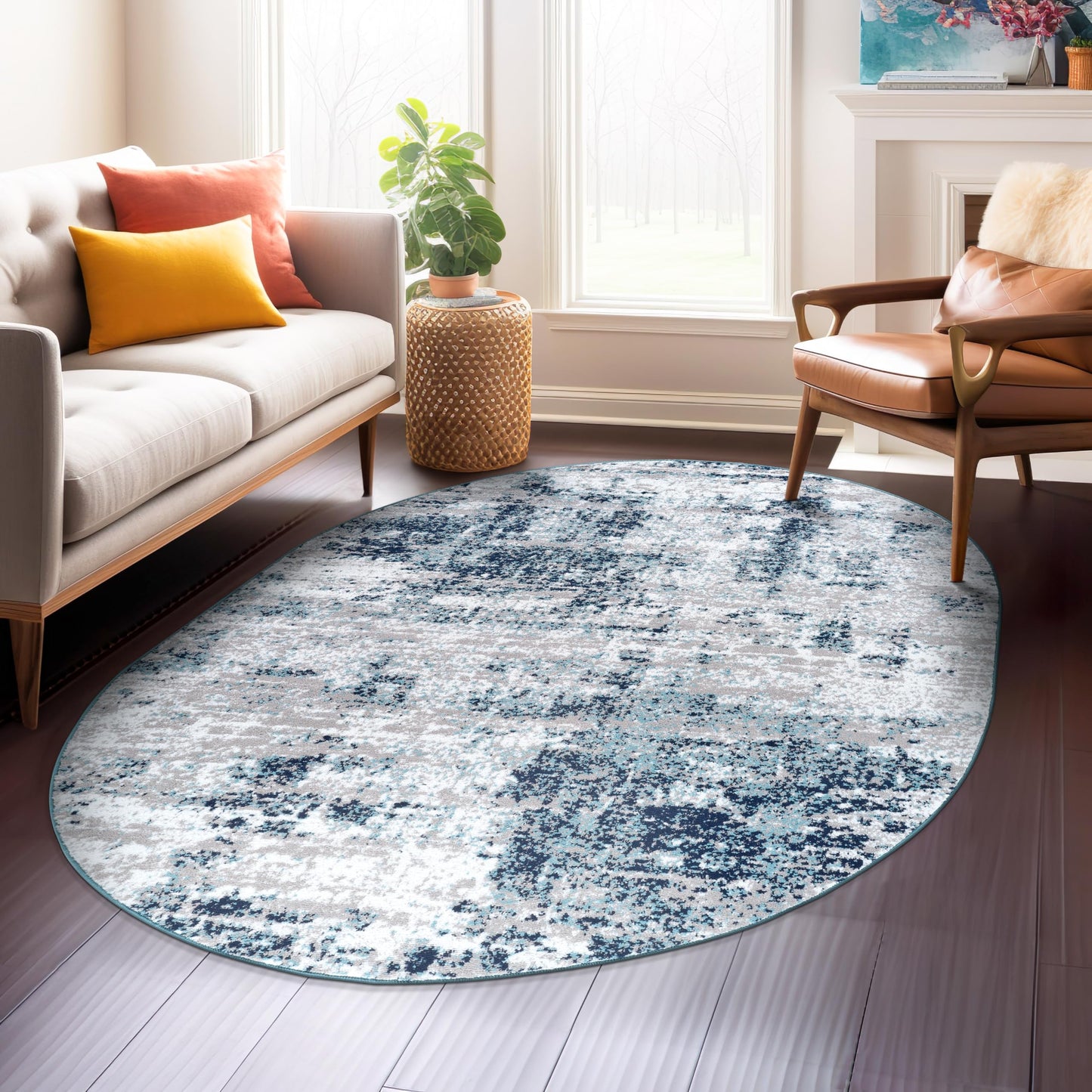 Rugshop Modern Distressed Blue Abstract Oval Area Rug Bohemian Inspired for Dining Room, Living Room and Bedroom 5' x 7' Oval