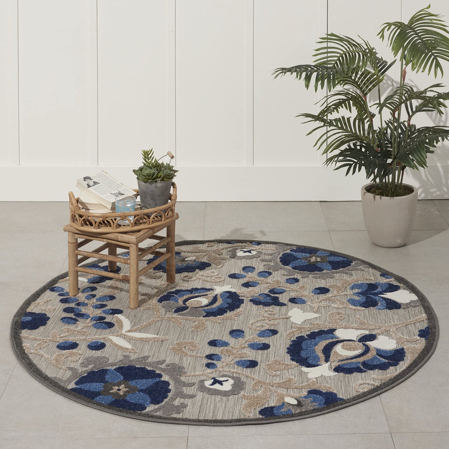Nourison Home Aloha Natural Blue 4' x Round Area Rug - Easy Clean, Non Shedding, Bed Room, Living Room, Dining Room, Kitchen (4' x Round)