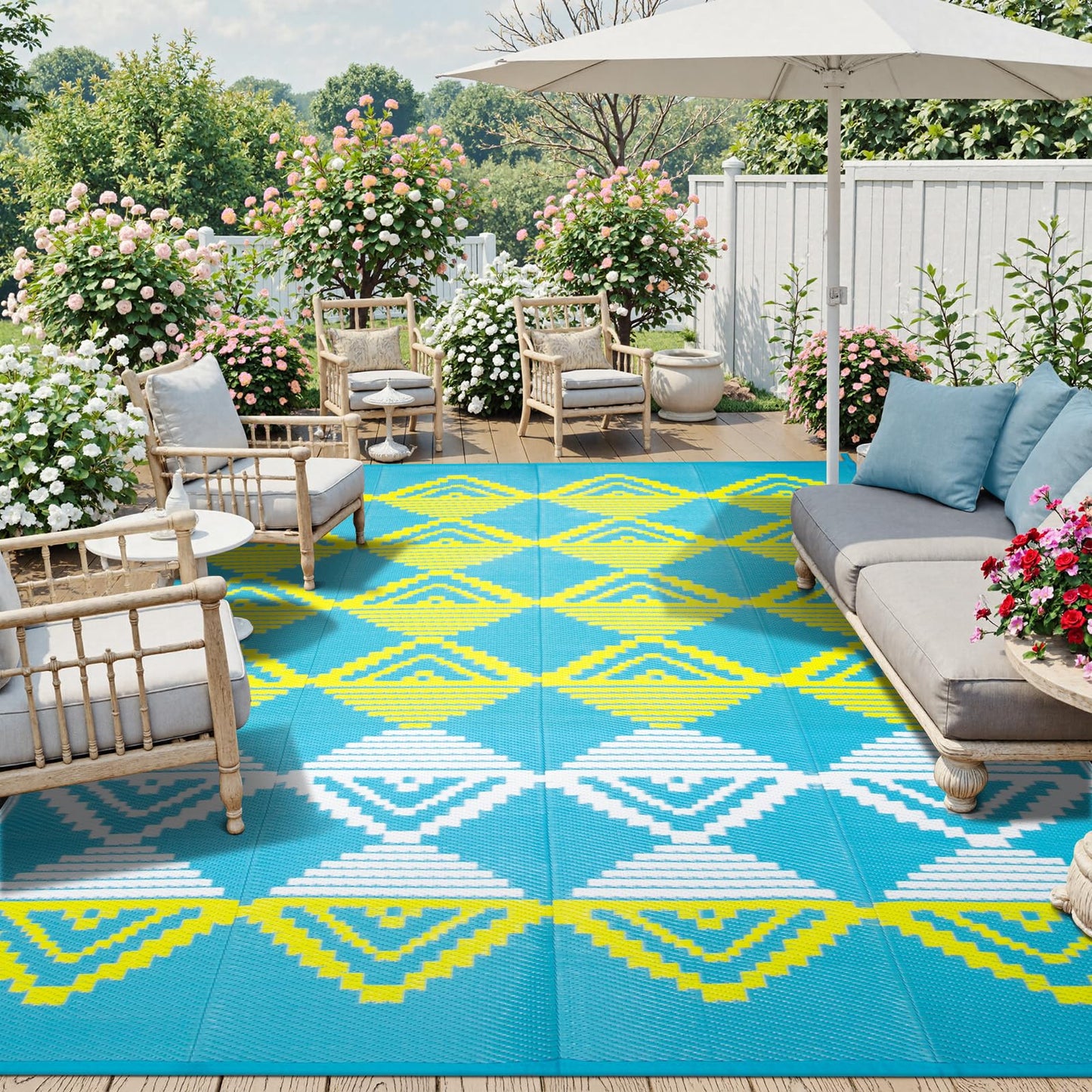 Beeiva Large Outdoor Rug 9x12 Waterproof for Patio, Reversible Outdoor Patio Rug for Backyard, Deck, Blue Yellow