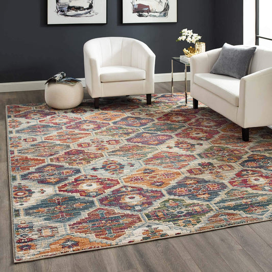 Modway Tribute Azalea Distressed Vintage Floral Lattice Area Rug, 8x10, Multicolored