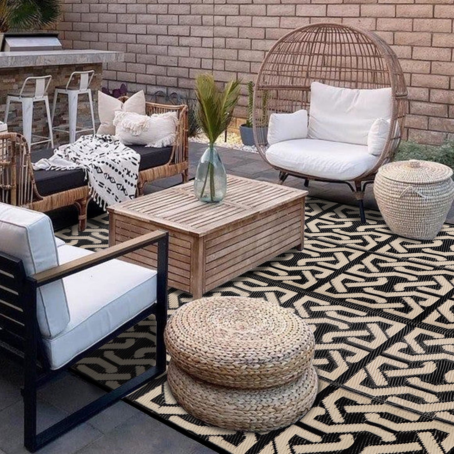 SAND MINE Reversible Mats, Plastic Straw Rug, Modern Area Rug, Large Floor Mat and Rug for Outdoors, RV, Patio, Backyard, Deck, Picnic, Beach, Camping, Trailer, Black & Beige, 9' x 12'