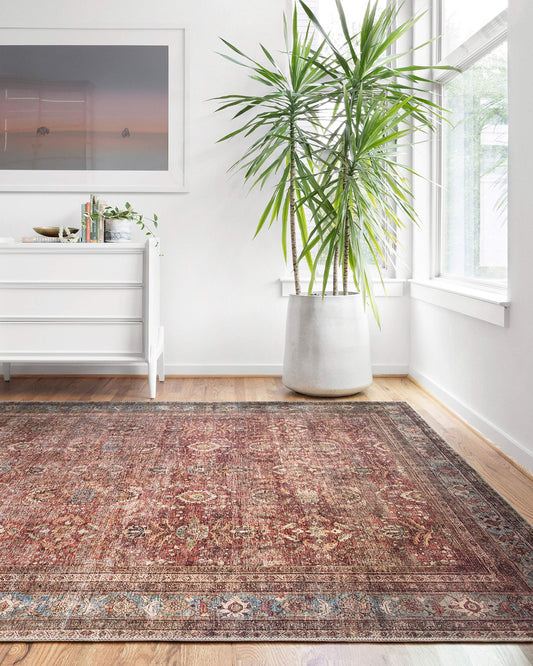 Loloi Layla Collection LAY-01 Brick/Blue 7'-6" x 9'-6" .13" Thick Area Rug, Soft, Durable, Vintage Inspired, Distressed, Low Pile, Non-Shedding, Easy Clean, Printed, Living Room Rug