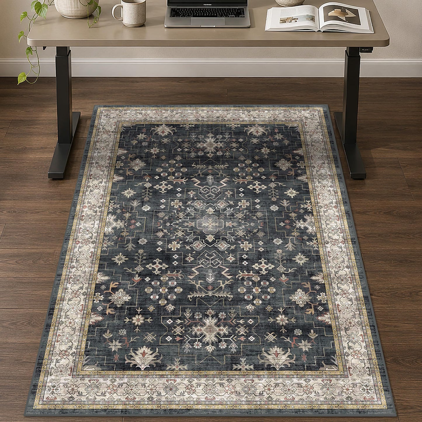 3x4 Black Boho Office Chair Mat for Hardwood Tile Floor - Ultra-Soft Low Pile Desk Rug with Non-Slip Backing, 36''x48'' Machine Washable Area Rug and Floor Protector for Rolling Computer Chair Mat