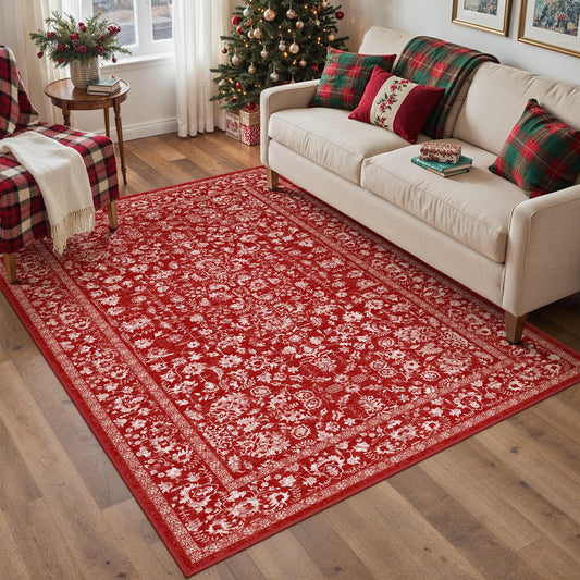 PureCozy Red Area Rug 4x6 Entryway Washable Non Slip Bedroom Carpet Door Mat Vintage Distressed Floral Accent Rug Low Pile Holiday Decorative Soft Doormat for Bathroom Laundry Kitchen