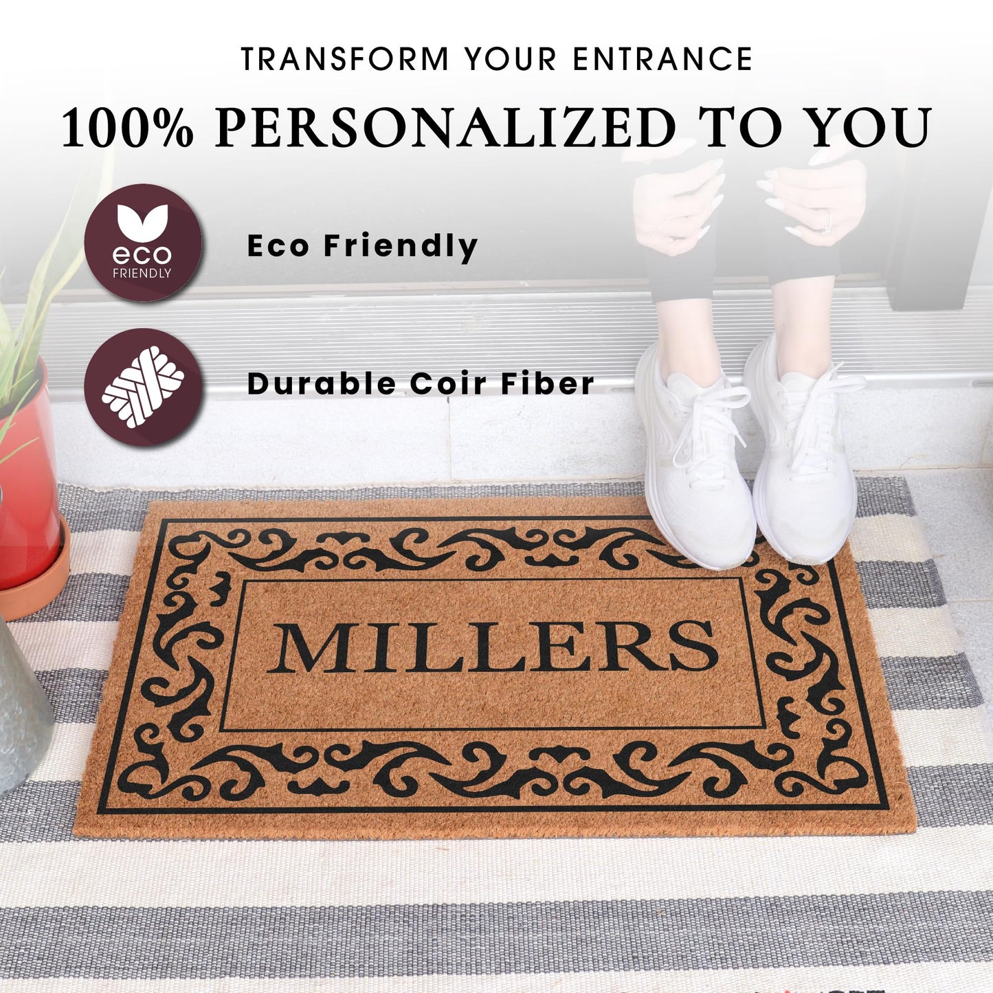 COCO MATS 'N MORE Coco Coir Door Mat – Personalized Outdoor Welcome Mat, Front Porch Mat with Vinyl Backing & Heavy-Duty Dirt-Trapping Bristles, (18" x 30" | Black | Rolling Scrolls | Made in USA)
