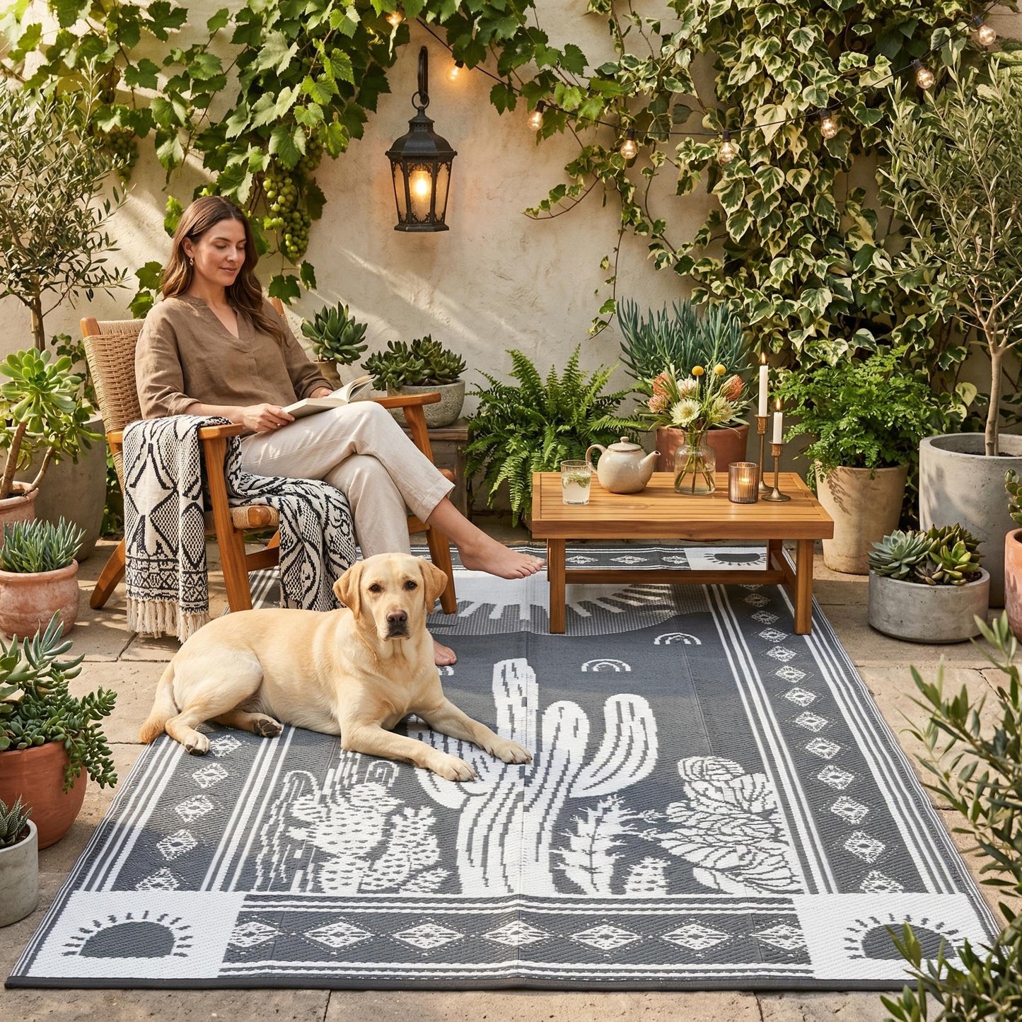 Garvee Waterproof Outdoor Rug 5x8, Cactus Botanical Outdoor Plastic Straw Rug for Camping, Reversible RV Mat Outside, Indoor Outdoor Carpet for Porch, Deck, Backyard, Balcony, Picnic, Grey