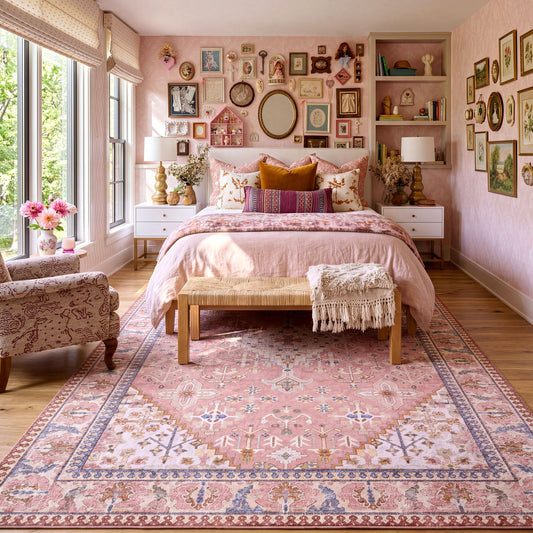8x10 Area Rugs for Living Room, Machine Washable Low Pile Rug, Non Slip Backing Boho Rugs for Bedroom, Printed Soft Vintage Carpet Peach Pink 8 x 10
