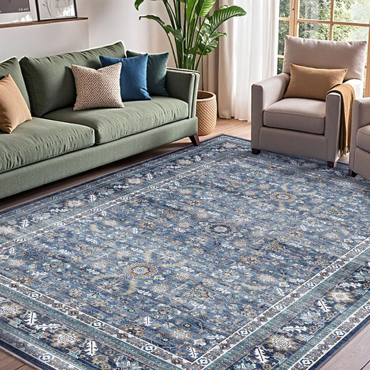 OPPODREAM Vintage Blue Area Rugs 8x10, 8 x 10 Retro Washable Rug Non Slip, Low-Pile Faux Wool Carpet, Distressed Navy Floor Mat for Living Room, Bedroom, Office, Dorm, Dinning Room, Big & Large