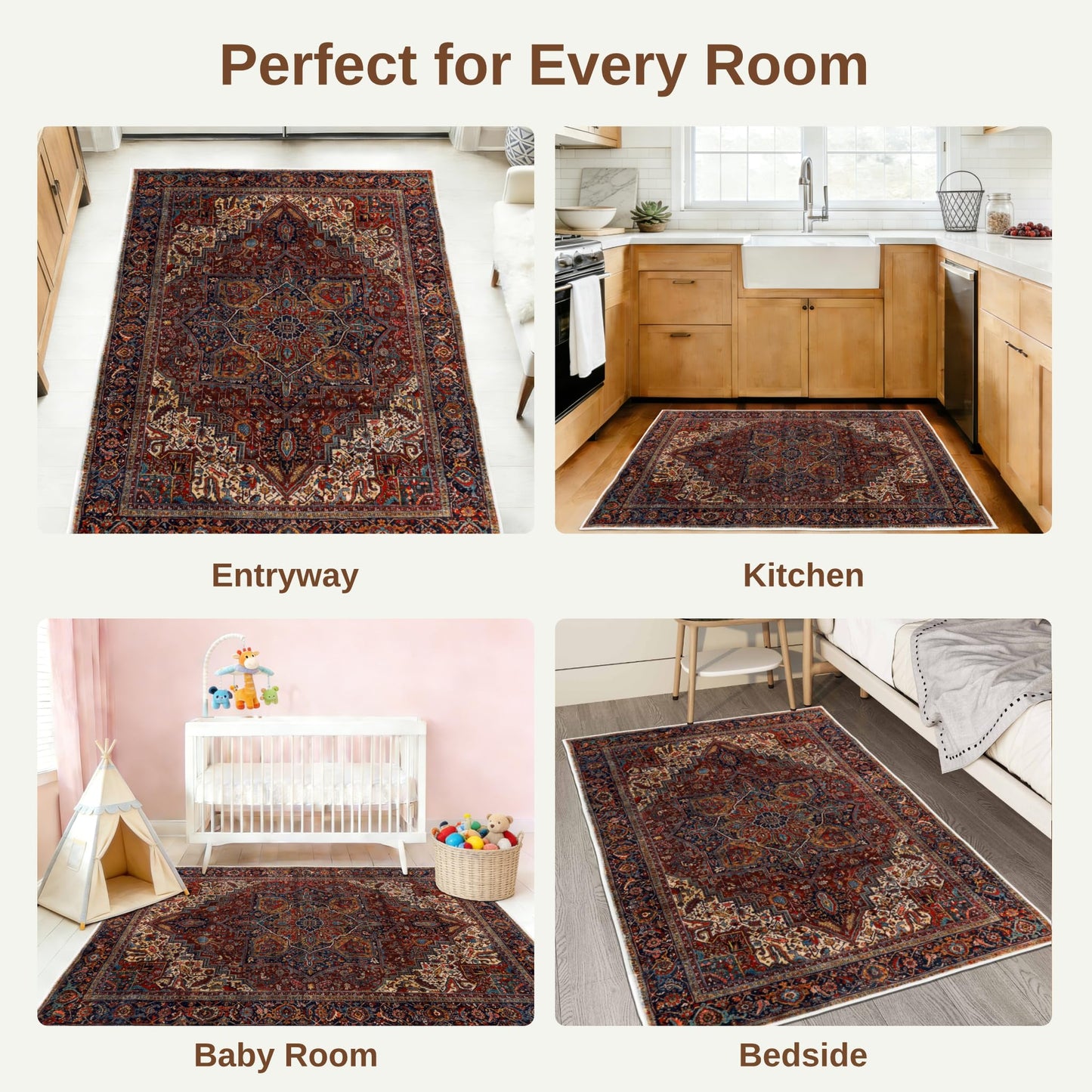 PESSEN Red 3x5 Washable Area Rug, Low Pile Indoor Rug for Entryway Kitchen Bedroom Laundry Room, Non Slip Rubber Backing, Pet & Kids Friendly, Stain & Fade Resistant