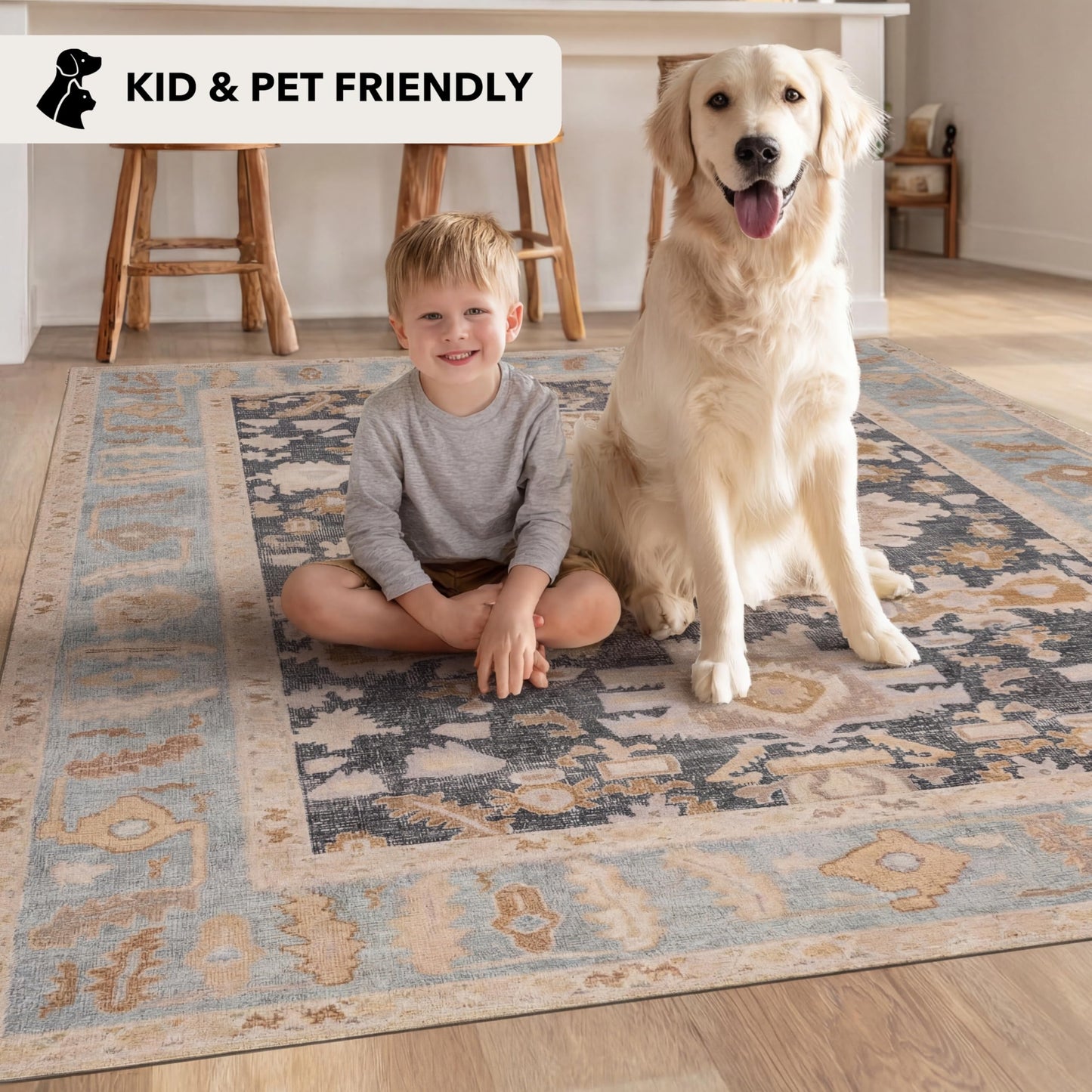 Kuden 8x10 Large Area Rug, Machine Washable Area Rug with Non-Slip Backing, Vintage Style, Soft, Easy Clean, Low Pile Rug for Living Room, Bedroom, Dining Room
