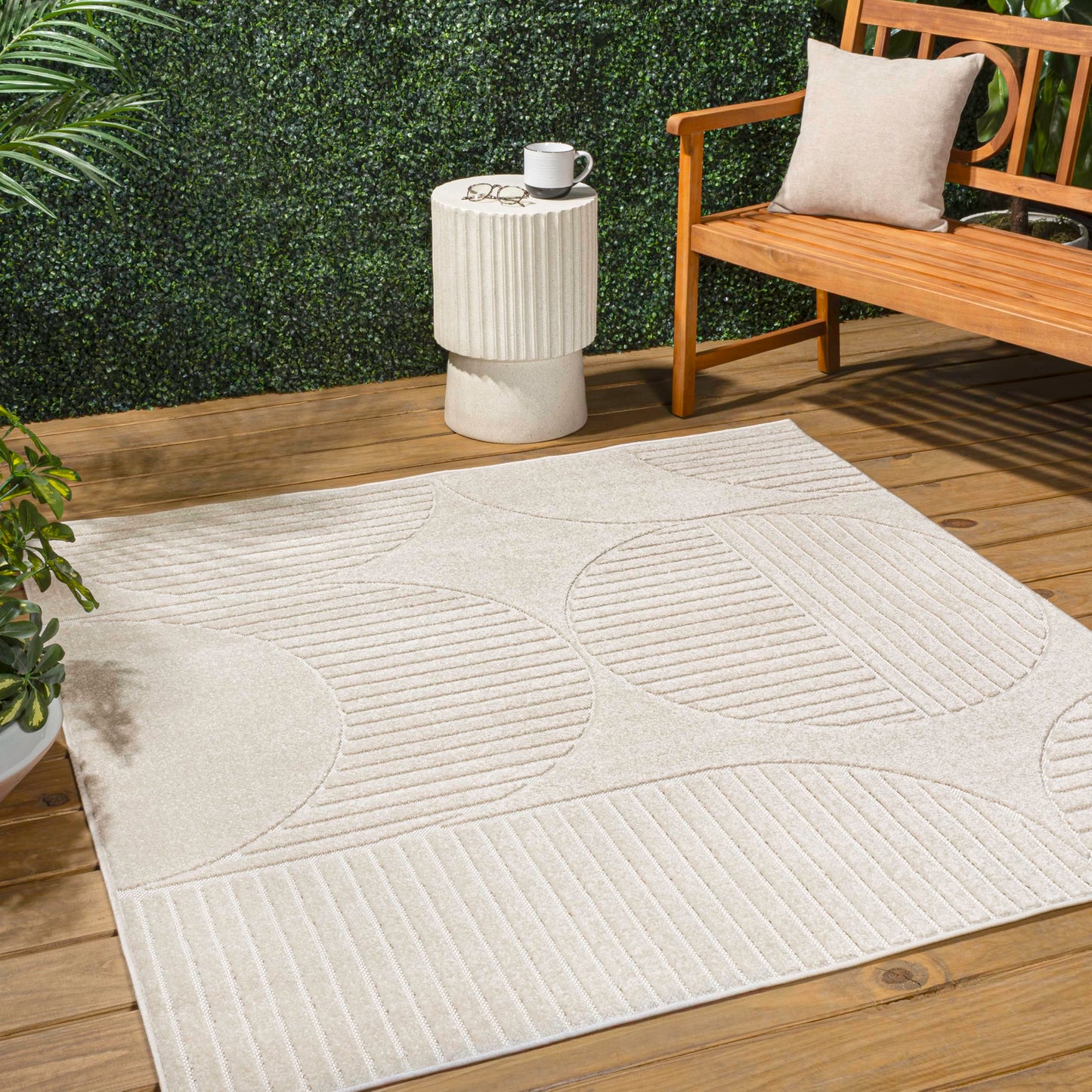 JONATHAN Y Nordby High-Low Arch Striped Ivory/Cream 5x5 Square Indoor/Outdoor Area Rug, Pet Friendly, Non-Shedding, Stain Resistant, Easy-Cleaning for Backyard, Patio (SCN104B-5SQ)