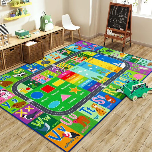 HOMORE Kids Educational Rug, Kids Collection Area Rug for Learning Alphabet, Numbers, Colors, Season and Animal Words, Playmat for Classroom Playroom, 4x6 Feet Green