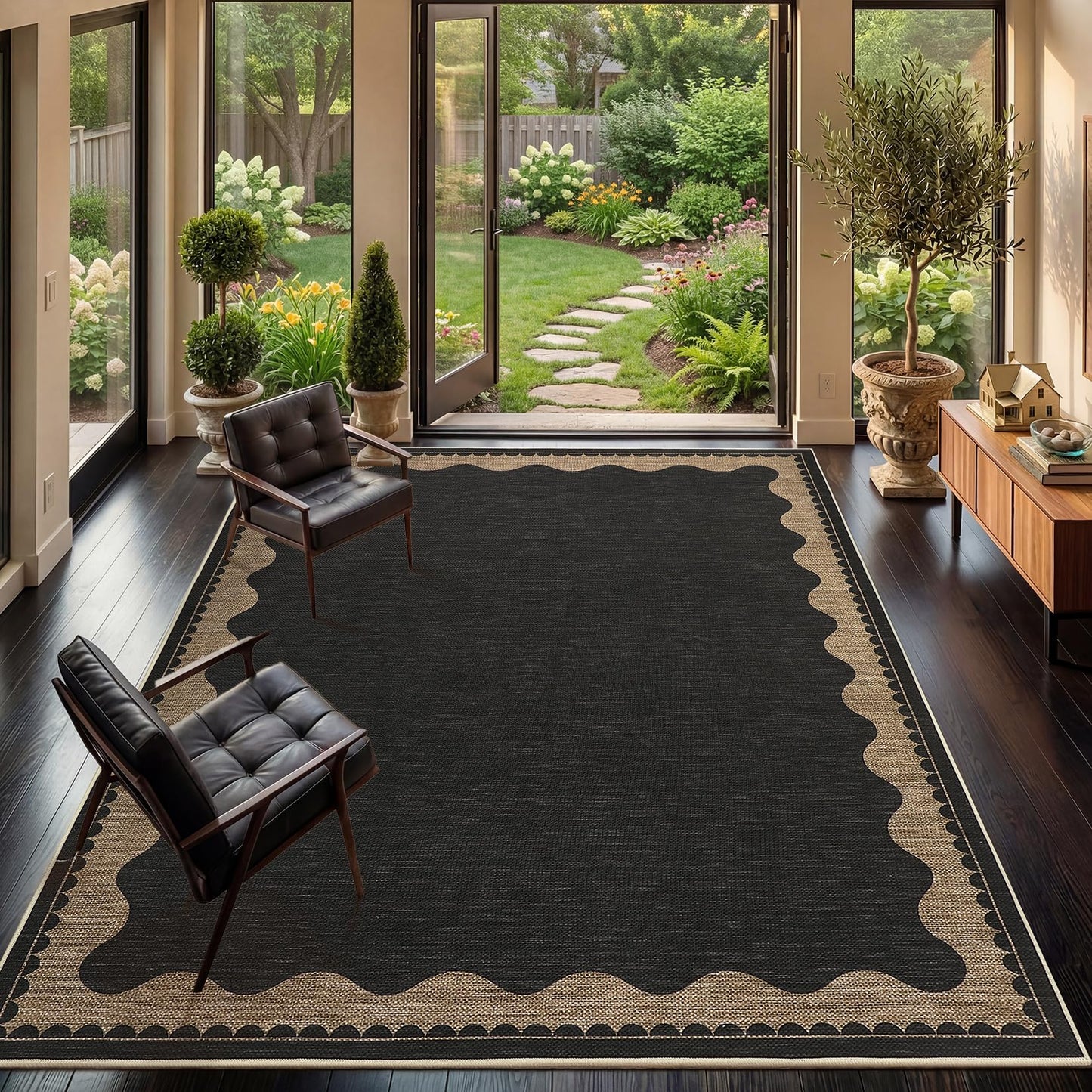 Garvee 8x10 Scalloped Easy Jute Area Rugs for Living Room, Modern Border Washable Outdoor Patio Rug with Non Slip Backing, Non Shedding Stain Resistant Mats for Bedroom, Dining Room, Porch, Black