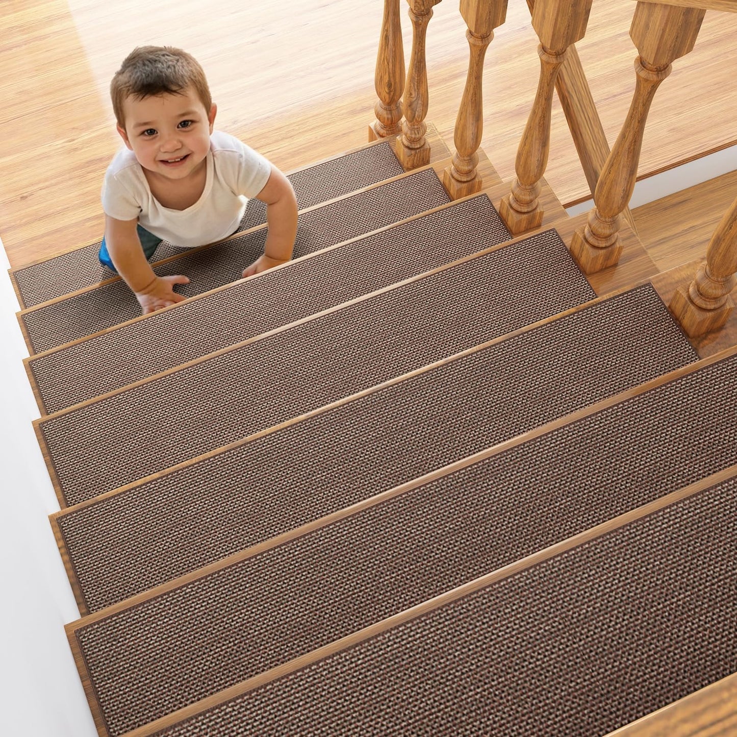 ZOMONETI 15pcs 8" x 30" Linen Non Slip Stair Carpet Treads for Wooden Steps, Machine Washable Stair Runners for Kids, Elders and Pets, Brown