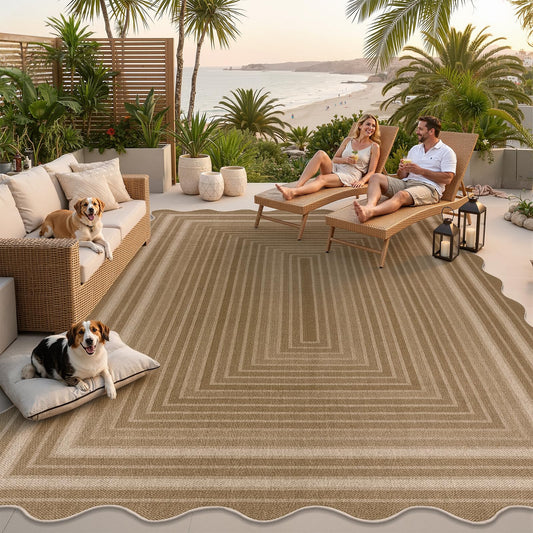 Yamaziot Washable Indoor Outdoor Rug 8x10, Scalloped Geometry Faux Tan Jute Outdoor Carpet Non Slip Modern Woven Textured Patio Rug for Backyard Balcony Deck, White
