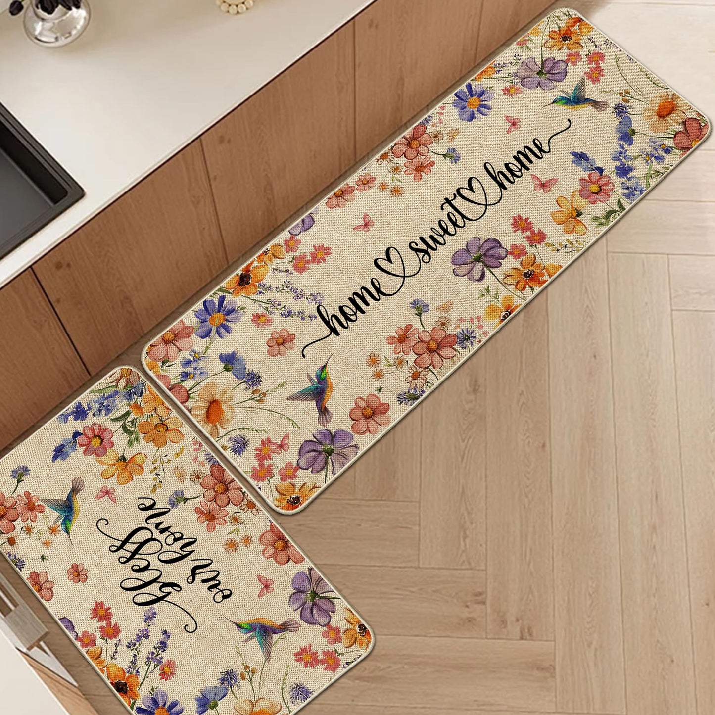 Wylumen Flower Spring Kitchen Mats for Floor Set of 2, Wildflower Summer Floor Mats, Non Slip Rubber Backing Kitchen Floor Mat and Rug Set for Kitchen Sink, Office, Laundry
