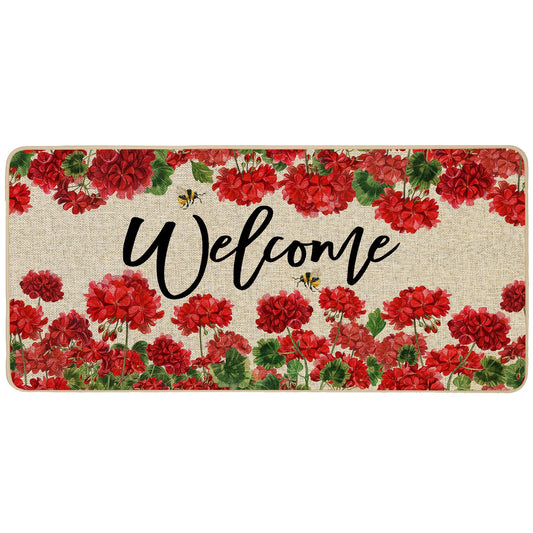 Baccessor Spring Summer Geranium Doormat Outdoor Red Flroal Flower Front Welcome Doormat Door Mat Non-Slip Rubber Backing Entrance Seasonal Outside Indoor Decoration Large 17x36 Inch