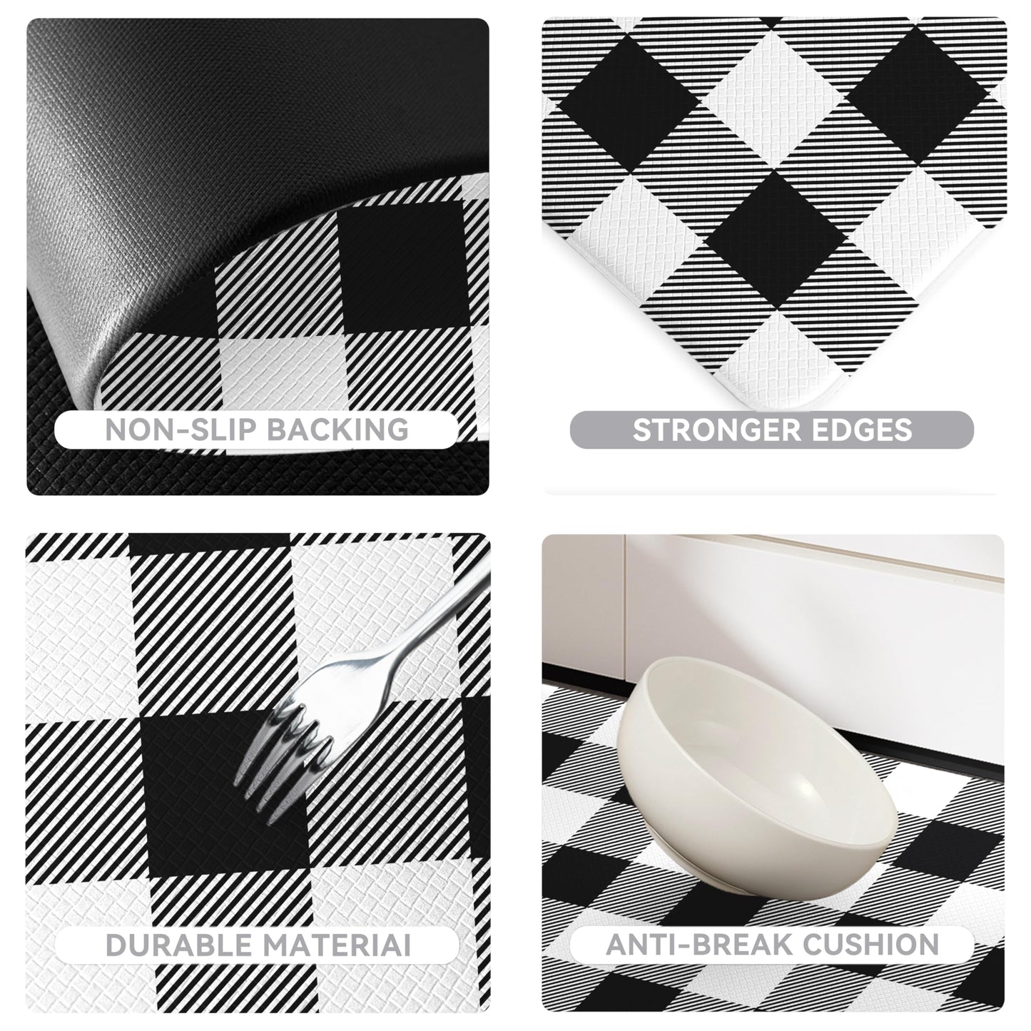 VivaNest Black Buffalo Check Plaid Grid Kitchen Rug Sets [2 PCs], Anti-Fatigue, Waterproof Non-Slip Kitchen Mats Heavy Duty Ergonomic Comfort Foam Rug for Floor, Home, Laundry,17.3"x29"+17.3"x47"