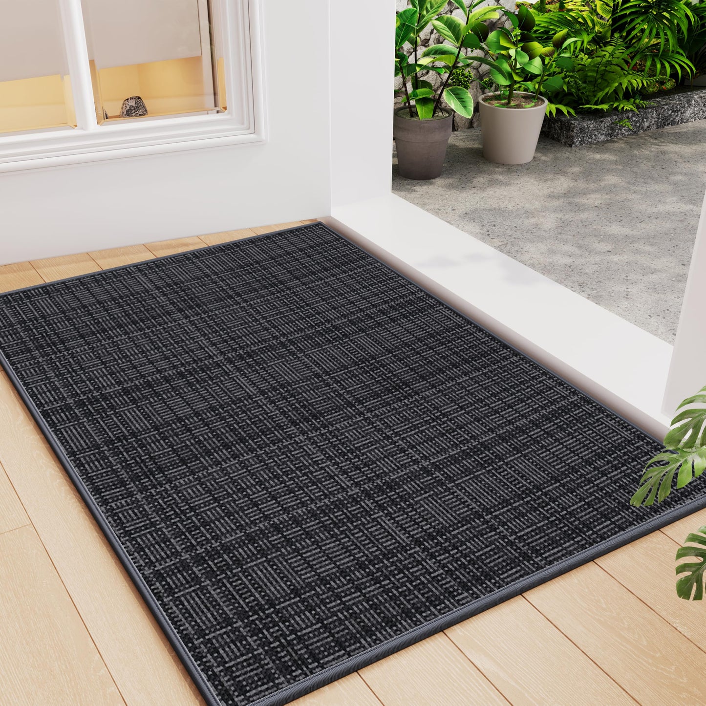 Indoor Front Door Mat Entry Mat 17"x30", Braided Low-Profile Welcome Door Mat Indoor Entrance, Non Slip Rubber Backing Thin Inside Entryway Doormat Washable Dirt Resistant & Absorbent, Black/Dark Gray