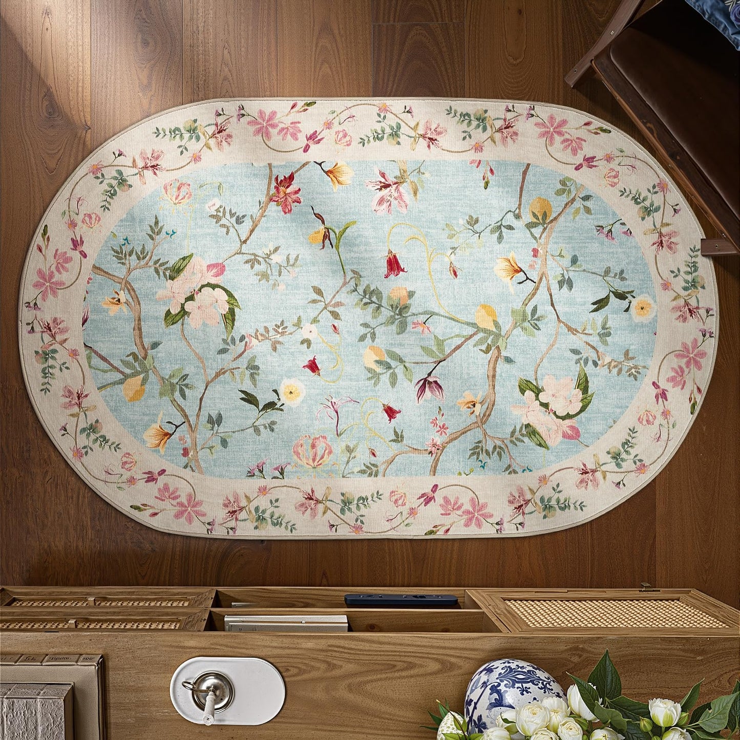 jinchan Floraison Floral 5x7 Oval Area Rug Washable Oriental Flower Design Non-Slip Lightweight Low-Pile Soft Chinoiserie Carpet for Living Room Bedroom Nursery Home Decor Blue/Pink