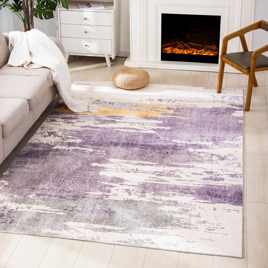 Carvapet 5x7 Large Purple Rugs for Living Room Bedroom, Washable Purple Modern Abstract Low Pile Carpet with Rubber Backing, Foldable, Non Slip Thin Area Rug, Ultra Soft