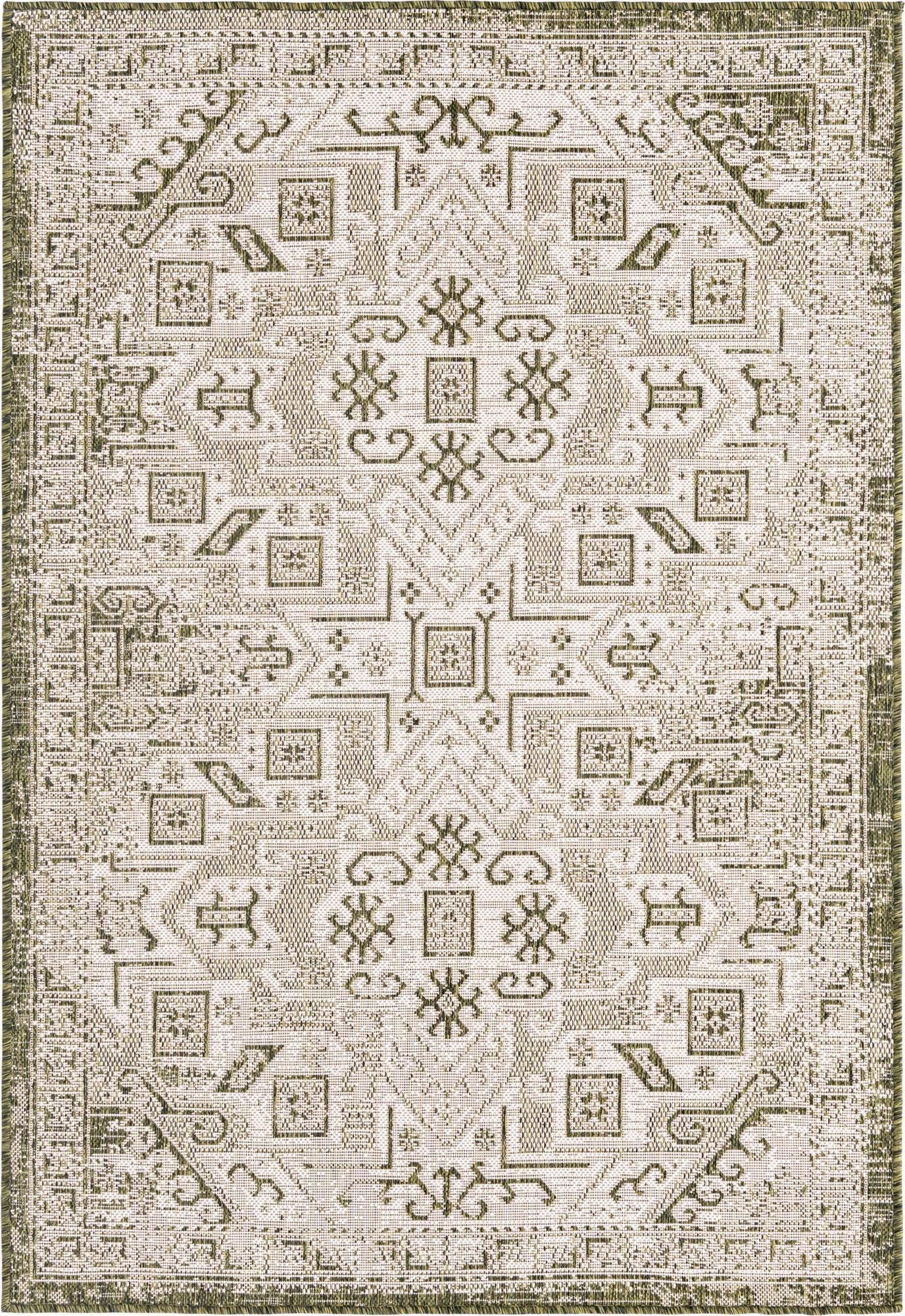 Rugs.com - Outdoor Aztec Rug – 4' 1 x 6' 1 Green Indoor/Outdoor Rug – Weather Resistant Flatweave for Patio, Deck, and Porch