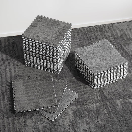 36 Pcs Plush Interlocking Carpet Tiles, Non-Toxic Shaggy Foam Carpet Tiles for Toddler Baby, Anti-Slip, EVA Foam Interlocking Tiles for Floor, Nursery, Playroom, Grey