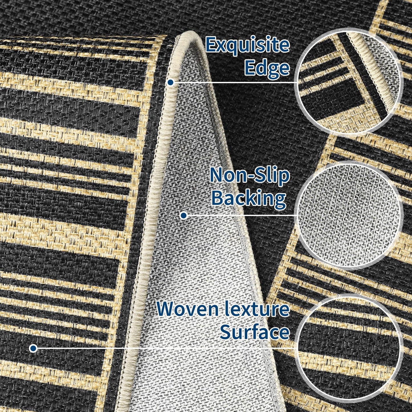 GarveeHome Striped Border Outdoor Rug 5x7 Area Rugs, Washable Rugs for Living Room Non Slip, Farmhouse Neutral Patio Carpet for Backyard Dining Room Balcony,Black