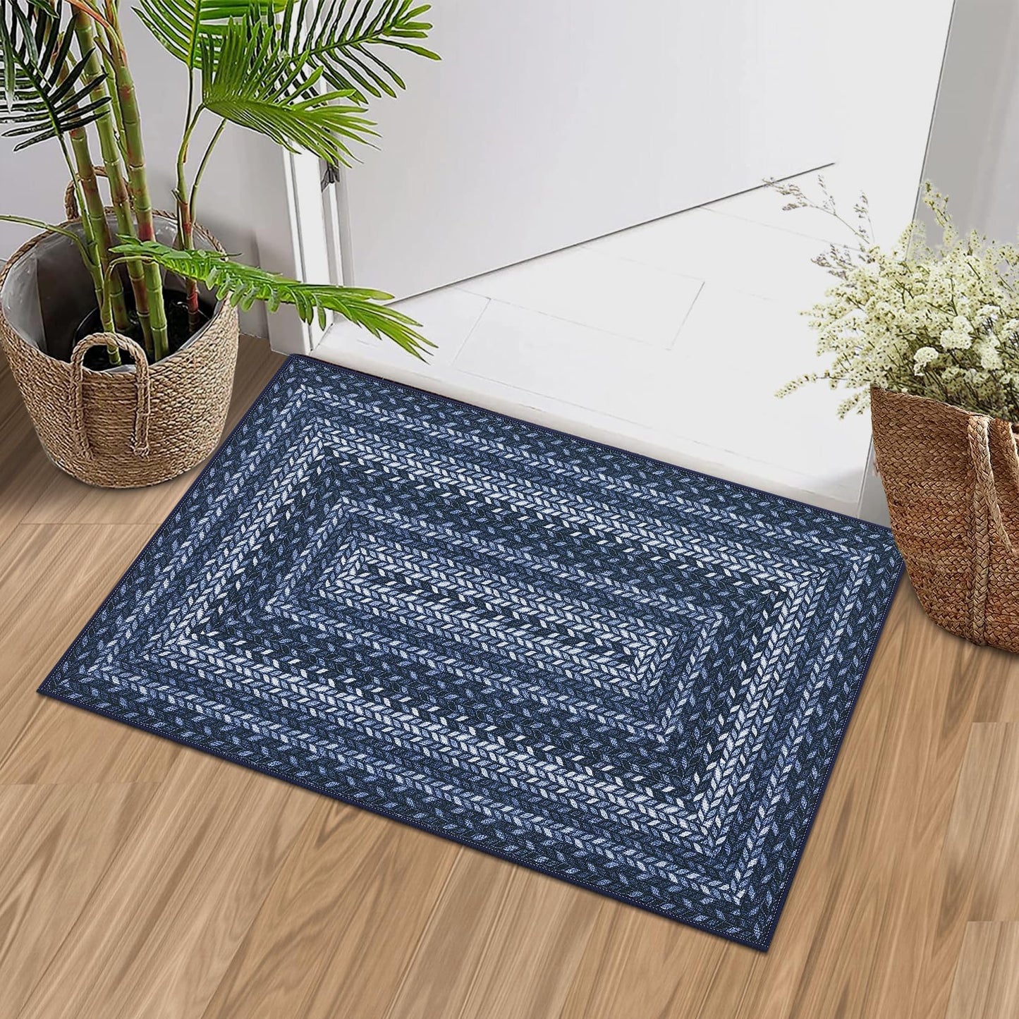2x3 Small Area Rug Entryway Easy Jute Door Mat Stain Resistant Indoor Outdoor Mats Low Pile Washable Front Door Throw Carpet Modern Bordered Braided Print Rugs for Bedroom Living Room, Slateblue
