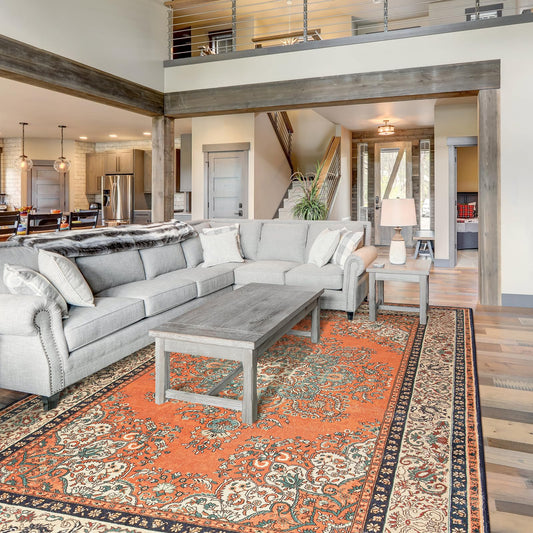 Rtizon 5x7 Area Rug for Bedroom, Machine Washable Non-Slip Orange Rust Vintage Area Rug for Living Room Bedroom, Distressed Floral Western Rustic Carpet, Low Pile Pet&Kid Friendly