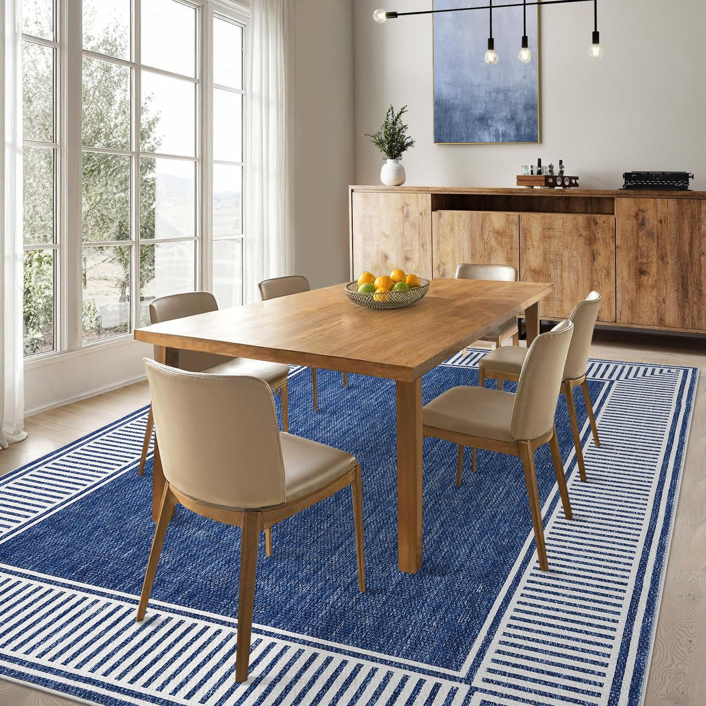 GarveeHome Washable Rug 5x7 for Bedroom Large Living Room Rug with Rubber Backing Casual Striped Border Throw Carpet Modern Contemporary Area Rug for Dining Room Nursery Entry, Blue